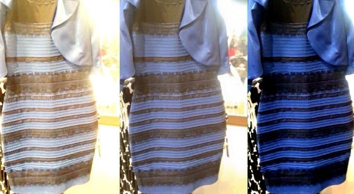 Three dresses of gold and white and blue and black